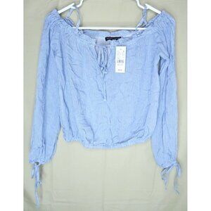 NWT Kendall & Kylie Shirt Cropped Blue White Vertically Striped Womens Small